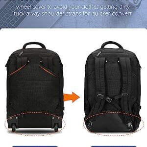 Hynes Eagle 2 in 1 Rolling Backpack 42L Backpack with Wheels Airline Approved Carry on Luggage Laptop Travel Backpack for Women Men Black with 20L Personal Item Underseat Bag Black