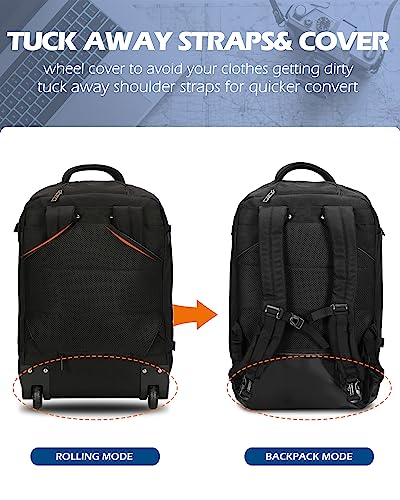 Hynes Eagle 2 in 1 Rolling Backpack 42L Backpack with Wheels Airline Approved Carry on Luggage Laptop Travel Backpack for Women Men Black with 20L Personal Item Underseat Bag Black