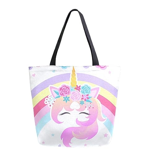 Naanle Canvas Tote Bag Large Women Casual Shoulder Bag Handbag Rainbow Unicorn Floral Canvas Tote Bag Reusable Grocery Shopping Cloth Bags Beach Bag for Women