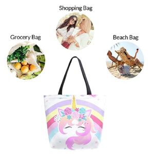 Naanle Canvas Tote Bag Large Women Casual Shoulder Bag Handbag Rainbow Unicorn Floral Canvas Tote Bag Reusable Grocery Shopping Cloth Bags Beach Bag for Women