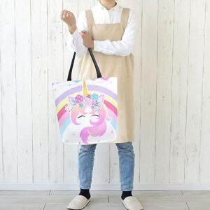 Naanle Canvas Tote Bag Large Women Casual Shoulder Bag Handbag Rainbow Unicorn Floral Canvas Tote Bag Reusable Grocery Shopping Cloth Bags Beach Bag for Women