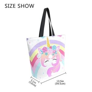 Naanle Canvas Tote Bag Large Women Casual Shoulder Bag Handbag Rainbow Unicorn Floral Canvas Tote Bag Reusable Grocery Shopping Cloth Bags Beach Bag for Women