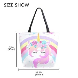 Naanle Canvas Tote Bag Large Women Casual Shoulder Bag Handbag Rainbow Unicorn Floral Canvas Tote Bag Reusable Grocery Shopping Cloth Bags Beach Bag for Women