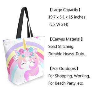 Naanle Canvas Tote Bag Large Women Casual Shoulder Bag Handbag Rainbow Unicorn Floral Canvas Tote Bag Reusable Grocery Shopping Cloth Bags Beach Bag for Women