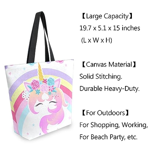 Naanle Canvas Tote Bag Large Women Casual Shoulder Bag Handbag Rainbow Unicorn Floral Canvas Tote Bag Reusable Grocery Shopping Cloth Bags Beach Bag for Women