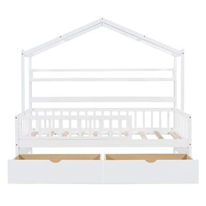 Aiuyesuo Twin Size House Bed with 2 Drawers, Wooden Kids Bed Frame with Storage Shelf, Montessori Playhouse Bed with Roof and Fence for Boys Girls, Space-Saving (White-K11)