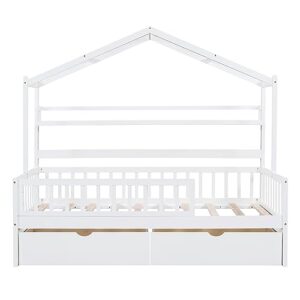 Aiuyesuo Twin Size House Bed with 2 Drawers, Wooden Kids Bed Frame with Storage Shelf, Montessori Playhouse Bed with Roof and Fence for Boys Girls, Space-Saving (White-K11)