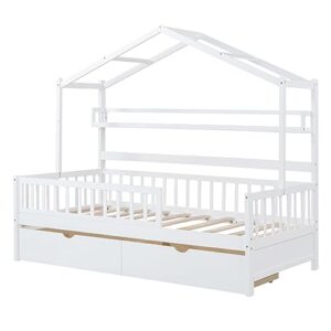 Aiuyesuo Twin Size House Bed with 2 Drawers, Wooden Kids Bed Frame with Storage Shelf, Montessori Playhouse Bed with Roof and Fence for Boys Girls, Space-Saving (White-K11)