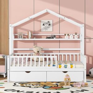 Aiuyesuo Twin Size House Bed with 2 Drawers, Wooden Kids Bed Frame with Storage Shelf, Montessori Playhouse Bed with Roof and Fence for Boys Girls, Space-Saving (White-K11)