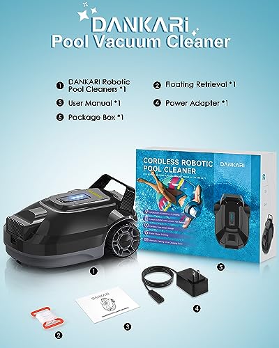 DANKARI Cordless Pool Robot Vacuum, Rechargeable Robotic Pool Cleaner for Above Ground & In-Ground Swimming Flat Pools