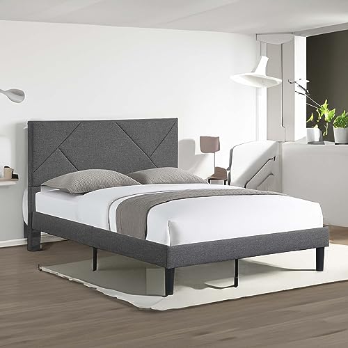 Queen Size Fabric Upholstered Platform Bed Frame with Headboard, Modern Concise Platform Bed with Strong Wood Slats Support/No Box Spring Needed/Easy Assembly for Bedroom Girls Boys, Gray (Queen)