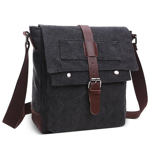 DORRISO Mens Vintage Canvas Shoulder Bag Casual Crossbody Bag for 10.9 Inch iPad with Adjustable Strap Multiple Pockets Satchel Bag for Travel Work Outdoor Daily Men Retro Messenger Bag Black