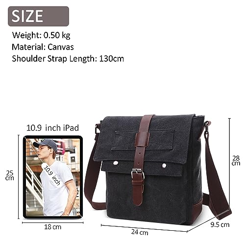 DORRISO Mens Vintage Canvas Shoulder Bag Casual Crossbody Bag for 10.9 Inch iPad with Adjustable Strap Multiple Pockets Satchel Bag for Travel Work Outdoor Daily Men Retro Messenger Bag Black