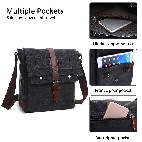 DORRISO Mens Vintage Canvas Shoulder Bag Casual Crossbody Bag for 10.9 Inch iPad with Adjustable Strap Multiple Pockets Satchel Bag for Travel Work Outdoor Daily Men Retro Messenger Bag Black