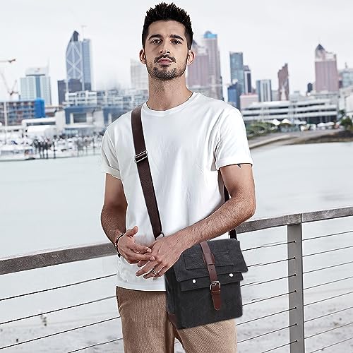 DORRISO Mens Vintage Canvas Shoulder Bag Casual Crossbody Bag for 10.9 Inch iPad with Adjustable Strap Multiple Pockets Satchel Bag for Travel Work Outdoor Daily Men Retro Messenger Bag Black