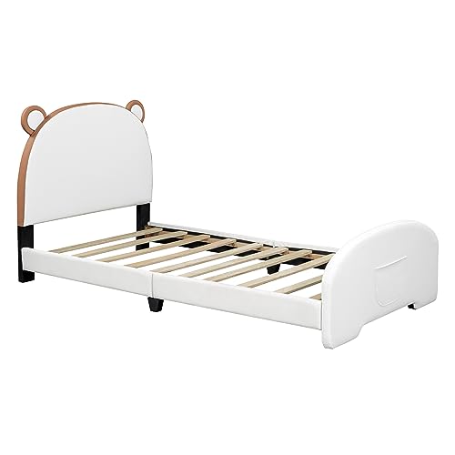 Twin Size Upholstered Platform Bed with Bear-Shaped Headboard and Footboard,Pu Leather Upholstered Platform Bed Frame,Wooden Slats Support, for Kids Teens Boys Girls (White-3)