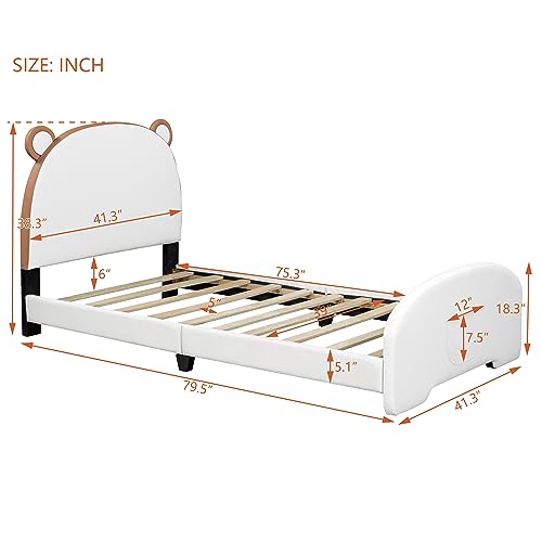 Twin Size Upholstered Platform Bed with Bear-Shaped Headboard and Footboard,Pu Leather Upholstered Platform Bed Frame,Wooden Slats Support, for Kids Teens Boys Girls (White-3)