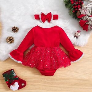 Newborn Baby Girl Christmas Outfit Long Sleeve Ruched Romper Dress Princess Tulle Dress Infant Christmas Dress(C-Red,0-6 Months)