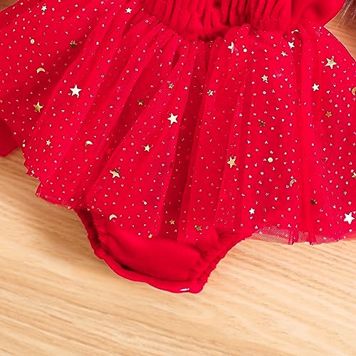 Newborn Baby Girl Christmas Outfit Long Sleeve Ruched Romper Dress Princess Tulle Dress Infant Christmas Dress(C-Red,0-6 Months)