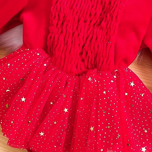 Newborn Baby Girl Christmas Outfit Long Sleeve Ruched Romper Dress Princess Tulle Dress Infant Christmas Dress(C-Red,0-6 Months)