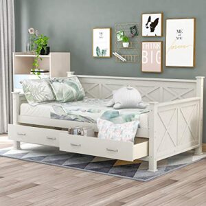 bellemave twin daybed frame with storage drawers,wood platform beds captain sofa bed for kids,bedroom,living room(cream white)