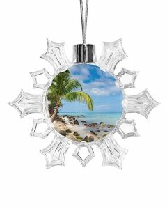 christmas snowflake hanging ornaments,palm tree beach sea cloud blue sky island reef stone round decorative ornaments for xmas tree home party holiday decoration supplies 3.3in，1 piece