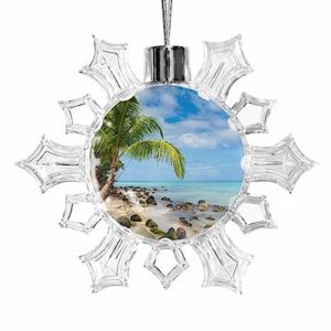 Christmas Snowflake Hanging Ornaments,Palm Tree Beach Sea Cloud Blue Sky Island Reef Stone Round Decorative Ornaments for Xmas Tree Home Party Holiday Decoration Supplies 3.3in，1 Piece