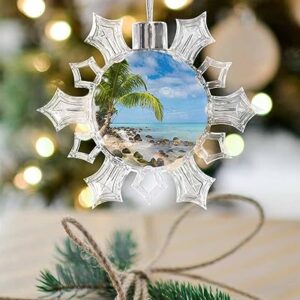 Christmas Snowflake Hanging Ornaments,Palm Tree Beach Sea Cloud Blue Sky Island Reef Stone Round Decorative Ornaments for Xmas Tree Home Party Holiday Decoration Supplies 3.3in，1 Piece