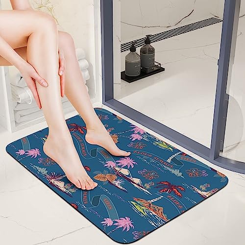 Bath Rugs Palm Tree Island Doormats Stone Diatomaceous Earth Rug Non-Slip Ocean Summer Bathroom Mat Washable Absorbent Mud Floor Mats for Indoor and Outdoor 15.7"x23.6"