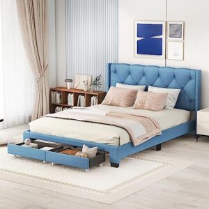 queen platform bed with headboard,upholstered linen wood bed frame with two storage drawers for kids girls boys teens adults, no box spring needed(blue)