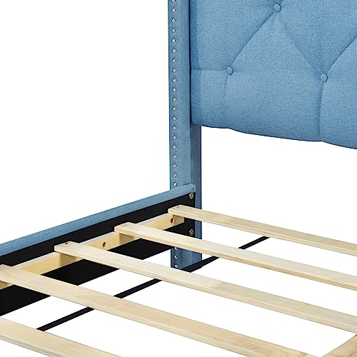 Queen Platform Bed with Headboard,Upholstered Linen Wood Bed Frame with Two Storage Drawers for Kids Girls Boys Teens Adults, No Box Spring Needed(Blue)