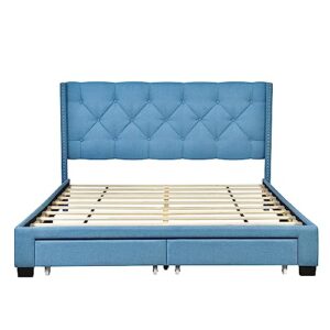 Queen Platform Bed with Headboard,Upholstered Linen Wood Bed Frame with Two Storage Drawers for Kids Girls Boys Teens Adults, No Box Spring Needed(Blue)