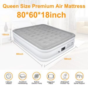 Busch-Jaeger Queen Air Mattress with Built in Pump, 18" Elevated Inflatable Blow Up Mattress with Self-Inflation/Deflation, Soft Flocked Top Air Bed for Guest, Home,Camping, 80x60x18in, 660lb Max