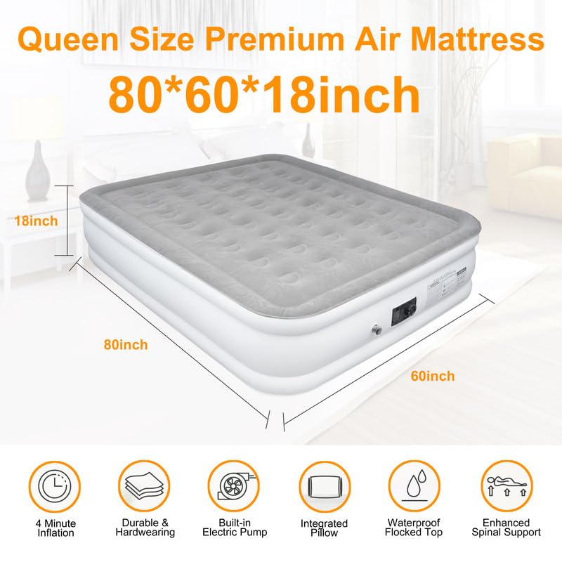 Busch-Jaeger Queen Air Mattress with Built in Pump, 18" Elevated Inflatable Blow Up Mattress with Self-Inflation/Deflation, Soft Flocked Top Air Bed for Guest, Home,Camping, 80x60x18in, 660lb Max