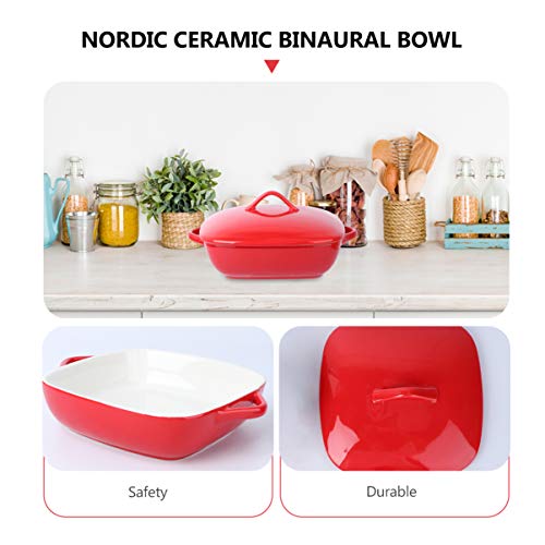 Ceramic Bread Pan Ceramic Cooking Dish Nordic Binaural Cake Dessert Bread Baking Pan with Cover Lid Micro Oven Square Plate Tray for Home Kitchen Shop Red Ceramic Loaf Pan