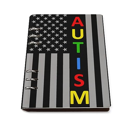 Autism Awareness Puzzle USA Flag Notebook Cover 6-Ring Binder Portable Planner Book Loose-Leaf Cover for Home Office