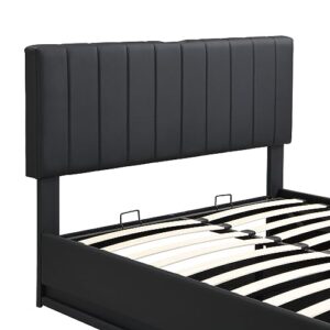 CJLMN Upholstered Platform Bed Versatility Bed, Full Size Wood Bed Frame with Hydraulic Storage System, LED Lights, Sockets and USB Ports, Kids Adults Bedroom Furniture Storage Bed (Black Bed)