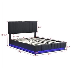 CJLMN Upholstered Platform Bed Versatility Bed, Full Size Wood Bed Frame with Hydraulic Storage System, LED Lights, Sockets and USB Ports, Kids Adults Bedroom Furniture Storage Bed (Black Bed)