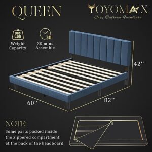 yoyomax Queen Size Upholstered Bed Frame Platform with Linen Fabric Headboard and Strong Wooden Slats Support, Non-Slip & Noise-Free, Easy Assembly, No Box Spring Needed, Blue