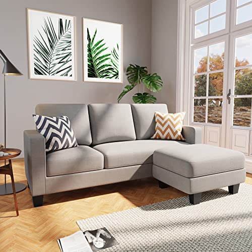 Furniwell Convertible Sectional Sofa Couch, L Shaped 3-Seat Small Couch for Living Room with Ottoman Modern Fabric Reversible Chaise for Apartment and Small Space(Light Gray)