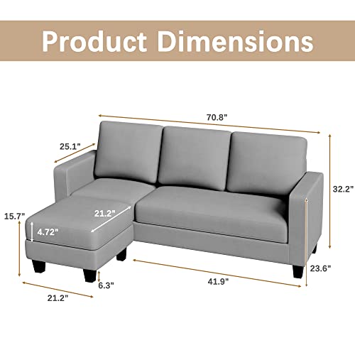 Furniwell Convertible Sectional Sofa Couch, L Shaped 3-Seat Small Couch for Living Room with Ottoman Modern Fabric Reversible Chaise for Apartment and Small Space(Light Gray)