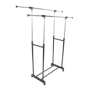 QXDRAGON Double Rod Portable Clothing Hanging Garment Rack with Wheels and Bottom Shelf, Extendable