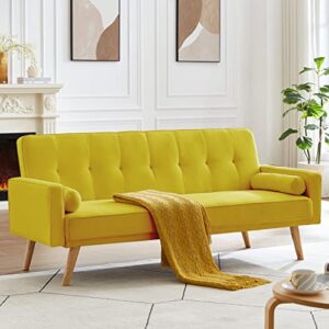 fulife convertible 3 in1 loveseat sofa futon couch sleeper pullout chaise lounge recliner chair reversible folding daybed guest bed,2-seat sofá,adjustable back,600lb capacity, yellow linen fabric 72"w