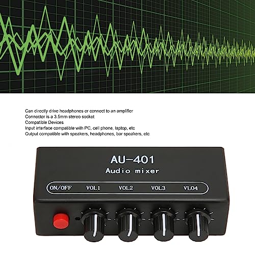 Audio Mixer,Sound Mixer,Stereo Mixer,4 in 1 Out Stereo Mixer,4 in 1 Out Independent Volume Control 3.5mm Mini Sound Mixer,Long-Range Connectivity,for Headphone Amplifier PC,Black