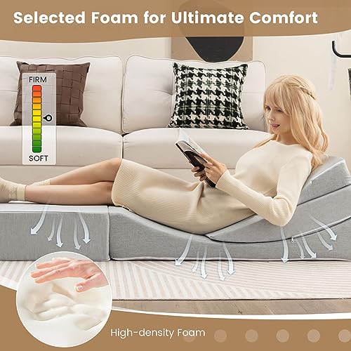 Giantex Convertible Folding Sofa Bed, 4-in-1 Floor Futon Sleeper Chair with High-Density Foam, Removable & Washable Linen Fabric Cover, Foldable Single Couch Bed for Living Room, Guest Use, Road Trip