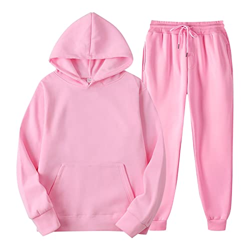 sumensumen Sweatpants and Hoodie Set for Women Two Piece Outfits Long Sleeve Pullover Sweatshirt Jogger Pants Sweatsuit 01-Pink,X-Large