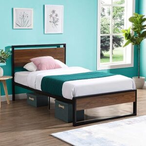 ftopbtb twin size metal bed frame with vintage wood headboard, premium steel slat support, under bed storage, sturdy non-slip without noise, no box spring needed, black & brown (twin)