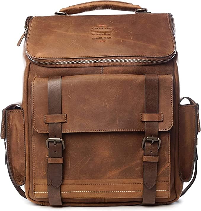 VELEZ 11 Mens Black Business Casual Sneakers + Top Grain Leather Backpack for Men Brown Designer Bookbag Business Casual Shoulder Bag