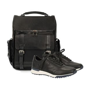 VELEZ 9.5 Mens Business Casual Sneakers + Top Grain Leather Backpack for Men Black Designer Bookbag Business Casual Shoulder Bag