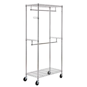coobl 2-tier heavy duty rolling garment rack,wire shelving clothes rack for clothing,storage with double rods,lockable wheels (silver)